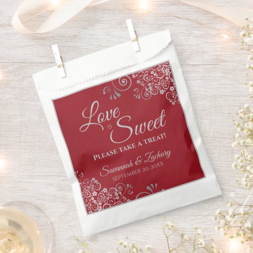 Love is Sweet Silver Lace on Red Elegant Wedding Favor Bag