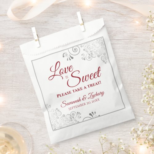 Love is Sweet Silver Lace  Red Script Wedding Favor Bag