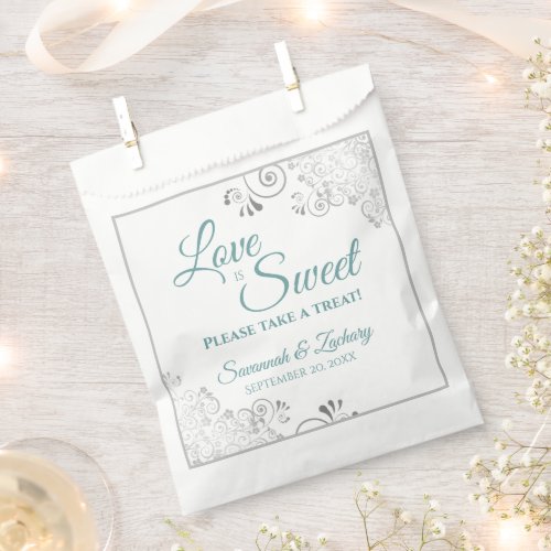 Love is Sweet Silver Lace Teal on White Wedding Favor Bag