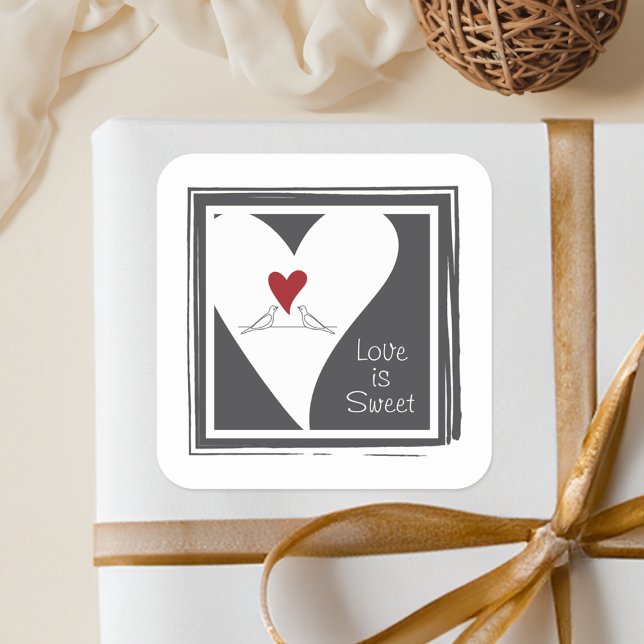 Love is Sweet Simple Modern Love Birds Red Heart Square Sticker (Creator Uploaded)