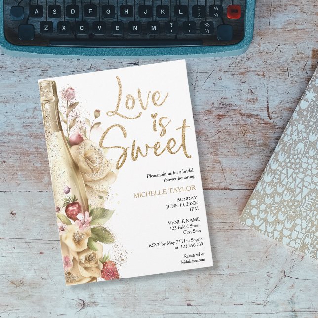 Love is Sweet Summer Boho Blush Pink Invitation (golden champagne with strawberries)