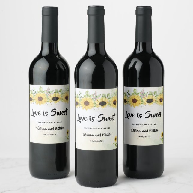 Love is Sweet Sunflowers Wedding Treat Favor Bag Wine Label (Bottles)