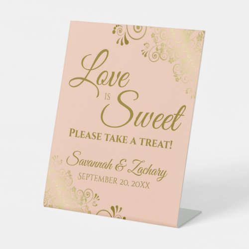 Love is Sweet Take a Treat Gold Lace Coral Peach Pedestal Sign