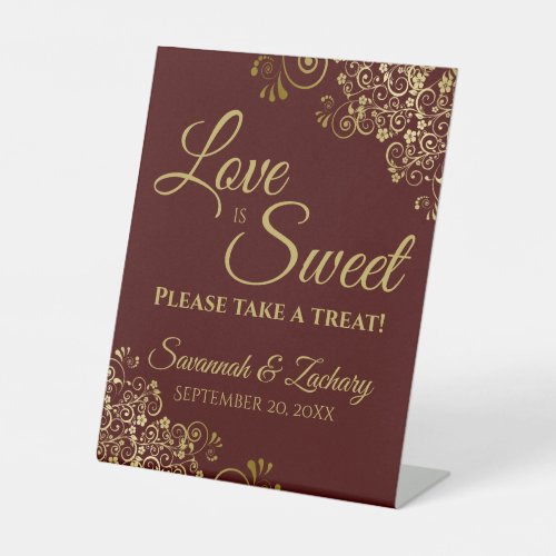 Love is Sweet Take a Treat Gold Lace on Auburn Pedestal Sign
