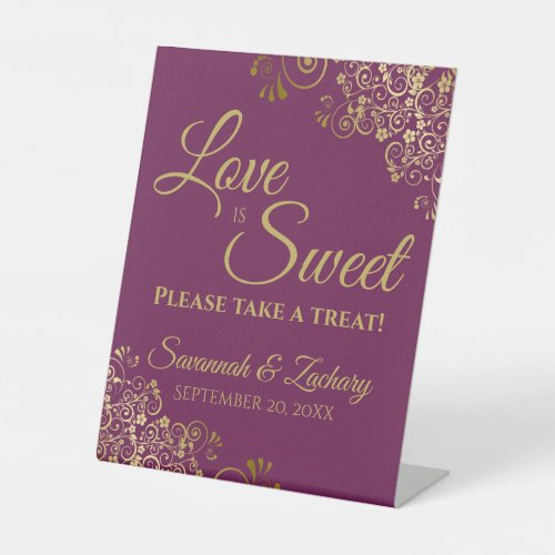 Love is Sweet Take a Treat Gold Lace on Berry Pedestal Sign
