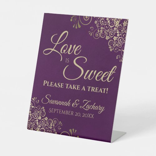 Love is Sweet Take a Treat Gold Lace  Plum Purple Pedestal Sign