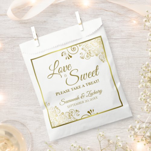 Love is Sweet Take a Treat Gold Lace White Wedding Favor Bag