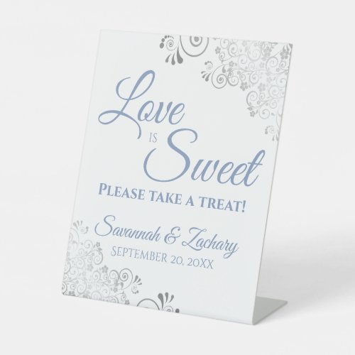Love is Sweet Take a Treat Silver Lace Blue White Pedestal Sign
