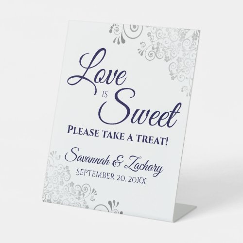 Love is Sweet Take a Treat Silver Lace Navy White Pedestal Sign