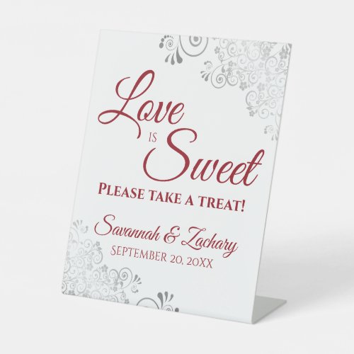 Love is Sweet Take a Treat Silver Lace Red Wedding Pedestal Sign