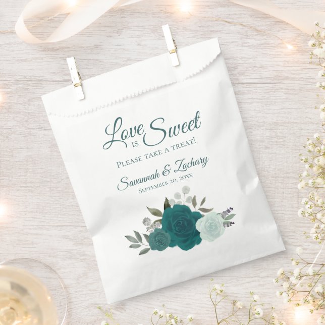 Love is Sweet Take a Treat Teal Floral Wedding Favor Bag (Clipped)