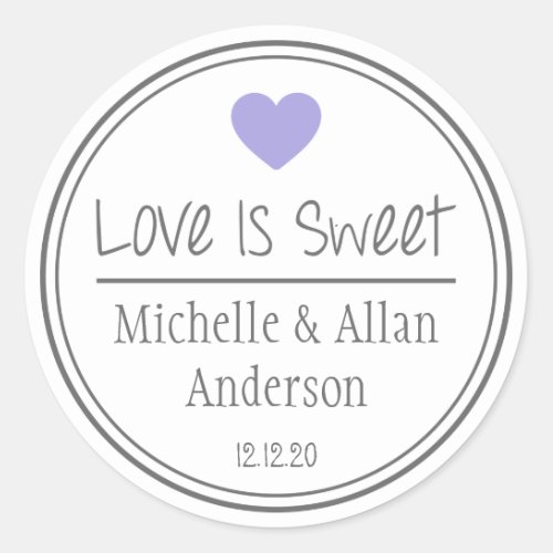 Love Is Sweet The New Mr  Mrs Purple  Gray Classic Round Sticker