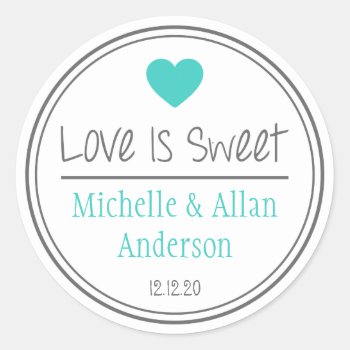 Love Is Sweet The New Mr. & Mrs. (teal / Gray) Classic Round Sticker by WindyCityStationery at Zazzle