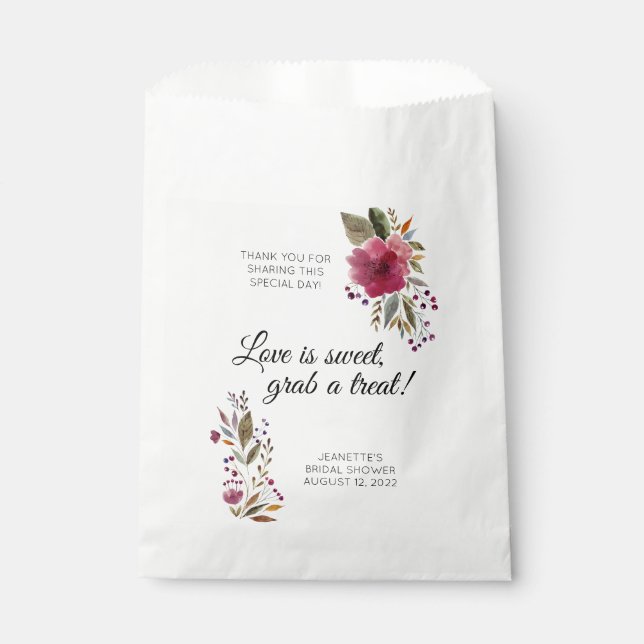 Love Is Sweet Treat Burgundy Floral Bridal Shower Favor Bag (Front)