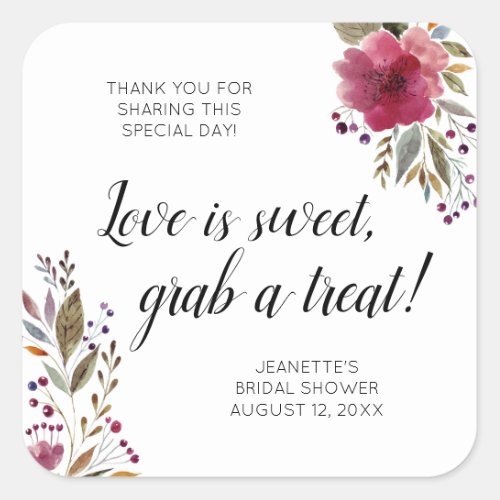 Love Is Sweet Treat Burgundy Floral Bridal Shower Square Sticker