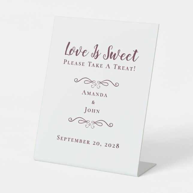 Love Is Sweet Treat Elegant Wedding Burgundy Favor Pedestal Sign (Front)