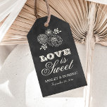 Love is Sweet Vintage Black Chalkboard Wedding Gift Tags<br><div class="desc">Whimsical wedding favor tags feature "Love is Sweet" with sketched flowers and monogram of the bride and groom names / wedding date with a soft white chalk appearance on a rustic black board background with textured look.</div>