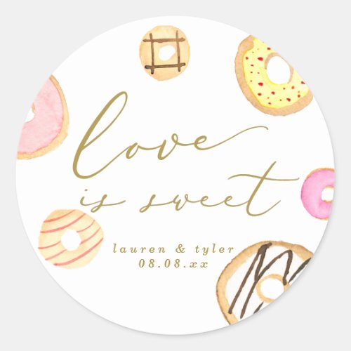 Love is sweet Watercolor Donuts Wedding Favor Classic Round Sticker