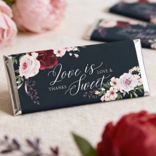 Love is Sweet Watercolor Navy & Burgundy Florals Hershey Bar Favors