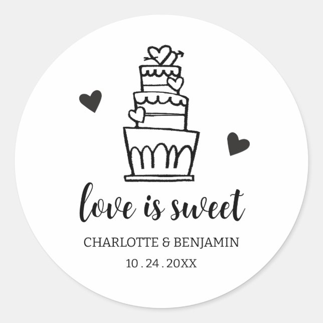 Love is Sweet Wedding Cake Favor Classic Round Sticker (Front)