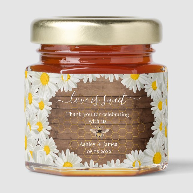 Love is Sweet Wedding Name Date Floral Wood Honey Jar Favors (Front)