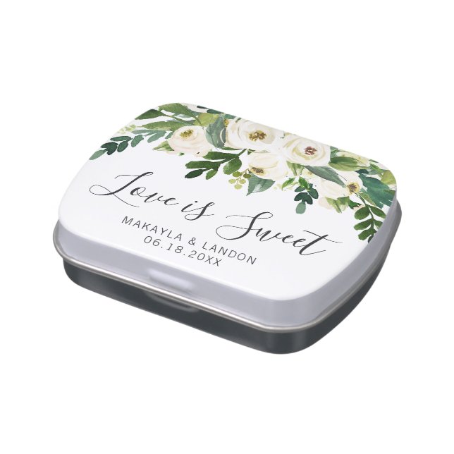 Love Is Sweet White Floral Greenery Wedding Favor Candy Tin (Side)