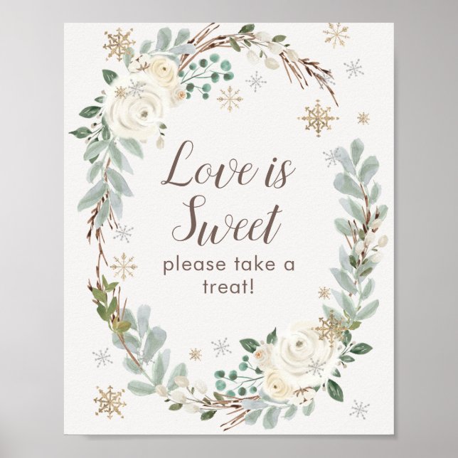 Love Is Sweet Winter Floral Wedding Favor Sign (Front)