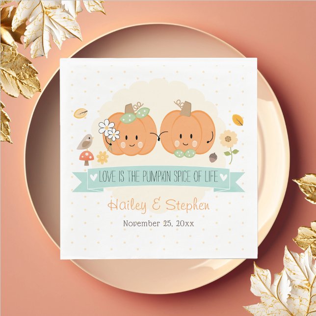 Love Is the Pumpkin Spice Of Life Wedding Shower Napkins (Whimsical fall themed couples  bridal and wedding shower paper napkins with a cute pair of pumpkins.)