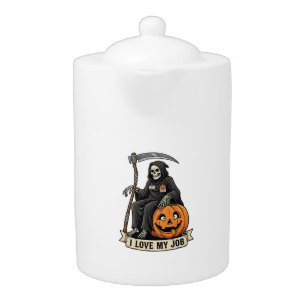 Love Job Grim Reaper Halloween Pumpkin Scythe_1 Teapot