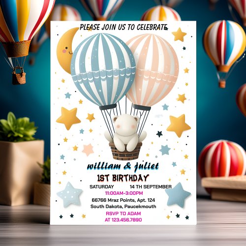 love joint bear Hot Air Balloon Twins 1st Birthday Invitation