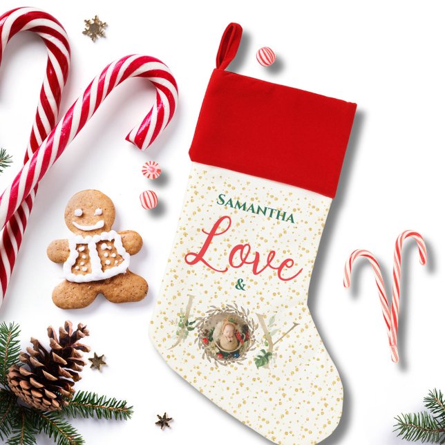 Love & JOY Christmas Baby Photo Gold Speckles Christmas Stocking (Creator Uploaded)