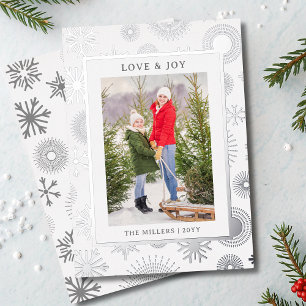 Love & Joy Christmas Photo Modern Silver Snowflake Foil Holiday Card