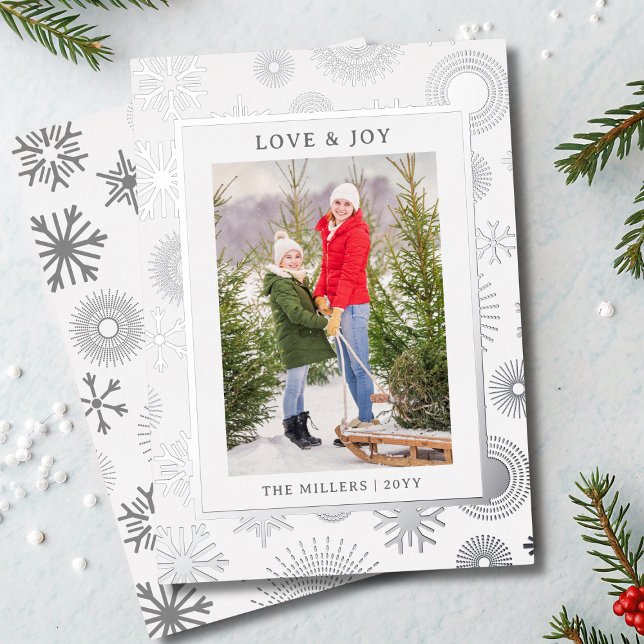 Love & Joy Christmas Photo Modern Silver Snowflake Foil Holiday Card (Creator Uploaded)