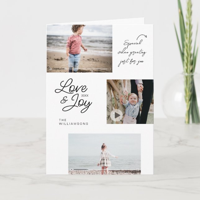 Love & Joy Family Photos QR Code Video Message Holiday Card (Front)
