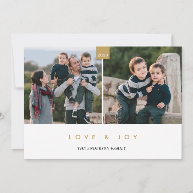 Love & Joy Gold Modern Minimal 2 Photo Holiday Card (Front)