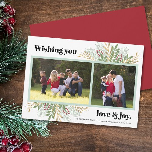 Love  Joy Holiday Greenery 2 Photo Christmas Card