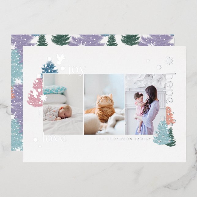 Love Joy Hope Pastel Christmas Tree Forest 3 Photo Foil Holiday Card (Front/Back)