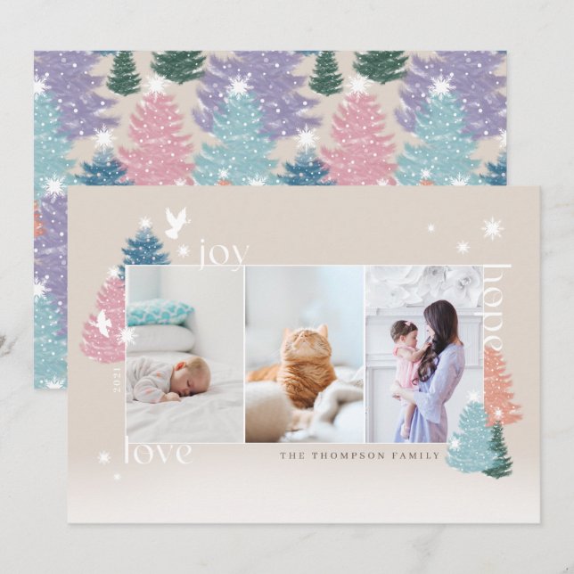 Love Joy Hope Pastel Christmas Tree Forest 3 Photo Holiday Card (Front/Back)