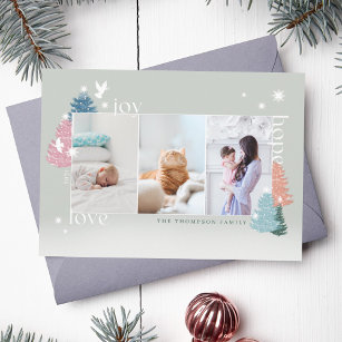 Love Joy Hope Pastel Christmas Tree Forest 3 Photo Holiday Card
