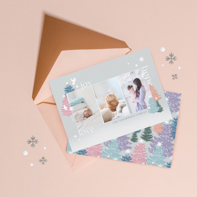 Love Joy Hope Pastel Christmas Tree Forest 3 Photo Holiday Card (Creator Uploaded)
