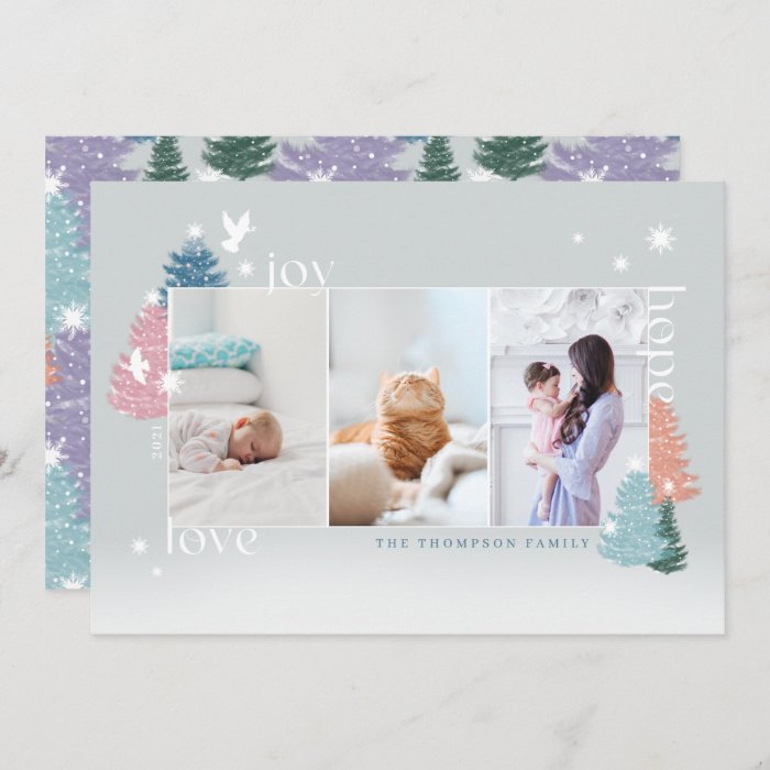Love Joy Hope Pastel Christmas Tree Forest 3 Photo Holiday Card