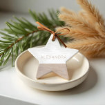 Love Joy & Lasting Hugs White Wood Birch Bark Name Ceramic Ornament<br><div class="desc">Adorn your tree with our stylish, natural, and minimal nature-inspired custom name ornament. The design features a two-tone design with the top half of the ornament designed in our minimal and modern white birch bark tree texture with a personalized name. The bottom half is a light wood grain texture. The...</div>