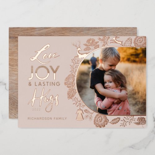 Love Joy  Lasting Hugs Woodland Animal Arch Photo Foil Holiday Card