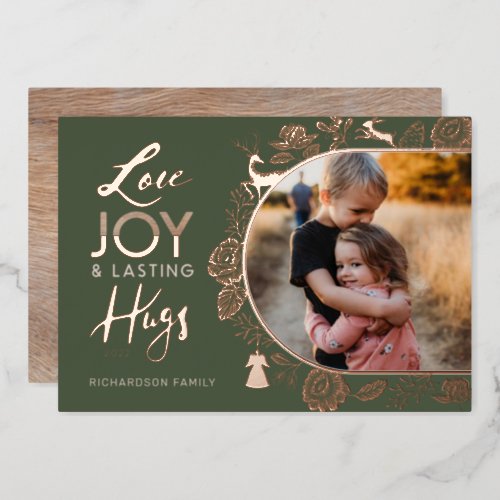 Love Joy  Lasting Hugs Woodland Animal Arch Photo Foil Holiday Card