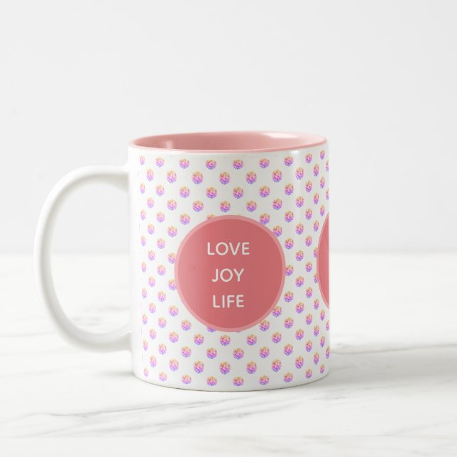 Love, Joy, Life Pink Diamonds Two-Tone Coffee Mug (Left)
