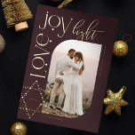 Love Joy Light Star of David Happy Hanukkah Photo Foil Holiday Card<br><div class="desc">Elegant Hanukkah photo card featuring an elegant typography design "Love Joy Light" in gold wrapped around an arch photo frame. Sparkling rose gold foil stars create the star of David. The reverse side features an elegant starry twinkling star of David pattern. Artwork by Moodthology Papery.</div>