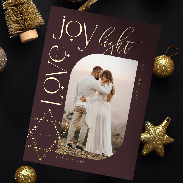 Love Joy Light Star of David Happy Hanukkah Photo Foil Holiday Card (Love Joy Light Star of David Happy Hanukkah Photo Foil Holiday Card)