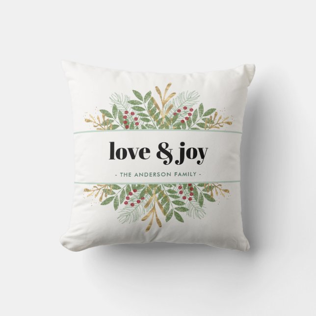 Love & Joy Modern Christmas Greenery Throw Pillow (Front)