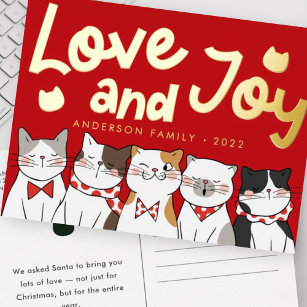 Love & Joy Modern Funny Cute Cats Caroling Foil Holiday Postcard