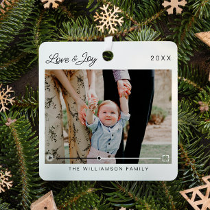 Love & Joy Modern Minimal QR Code Video Message Metal Ornament